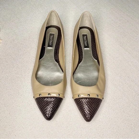 White House Black Market Tan Snakeskin Leather Pointy Toe Flats Shoes 8.5 - Picture 2 of 10